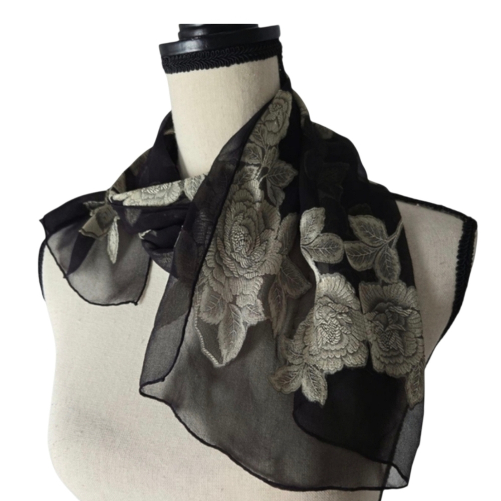 Vintage Basha Black Chiffon Silver Rose Print Scarf 44” x 15”